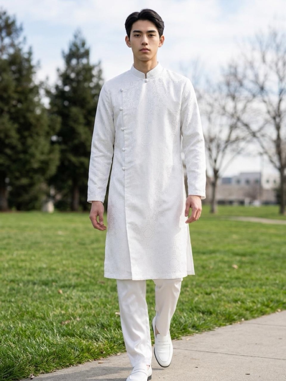 Men's White Ao Dai Tunic - Classic Minimalist Style Sz XL